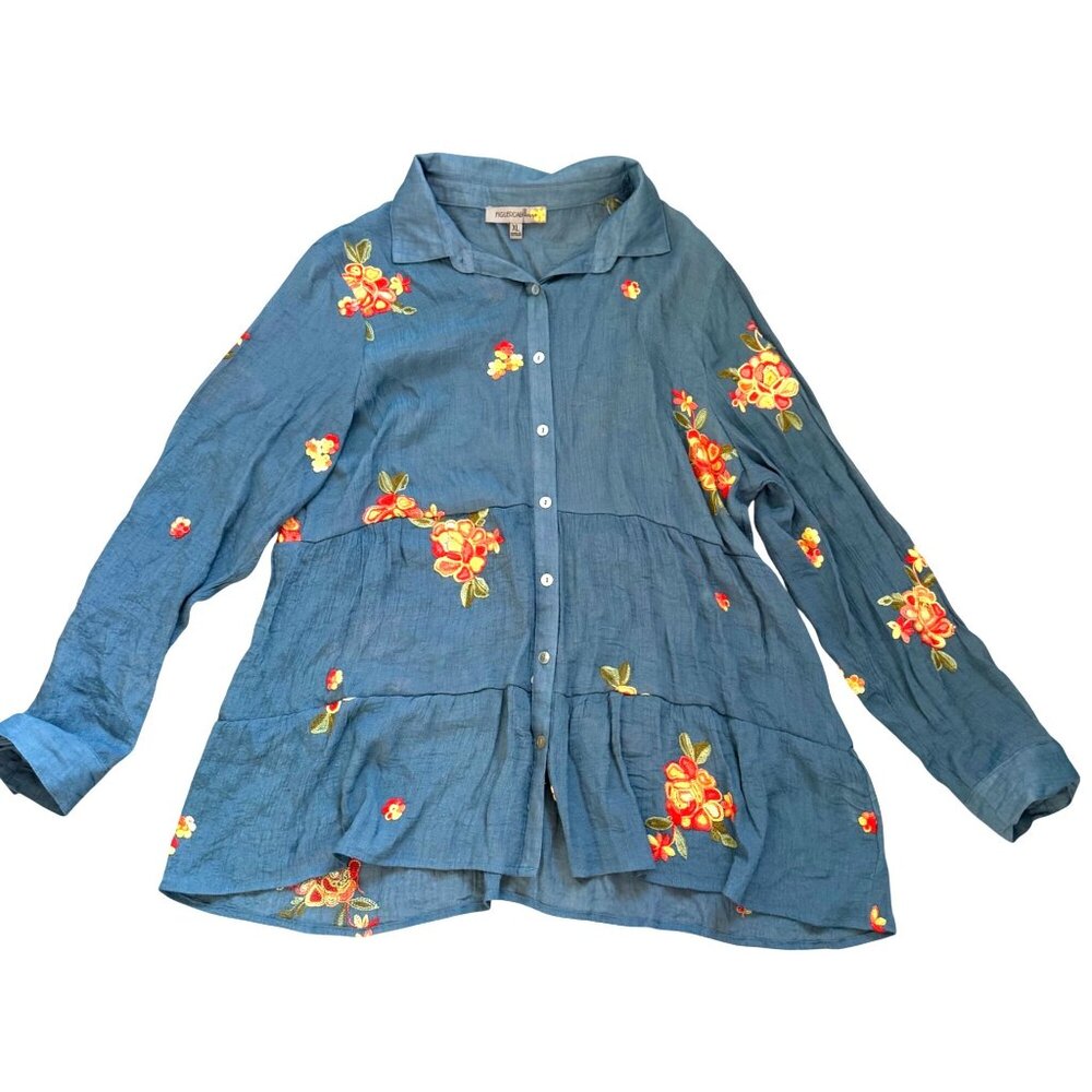 Figueroa & Flower Women's Blouse XL Blue Floral Embroidered Button-Down Boho